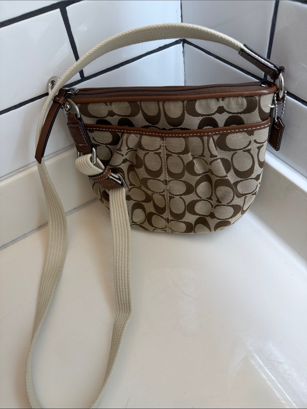Coach Signature Monogram Jacquard Crossbody in Khaki and Saddle Brown